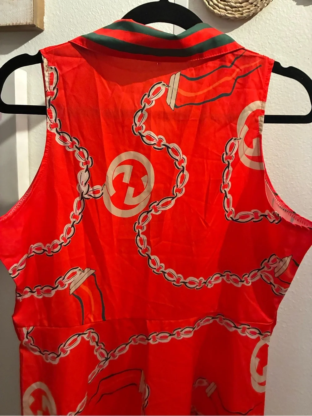 Red Sleeveless Chain Print Button-Front Dress - Picture 5 of 6